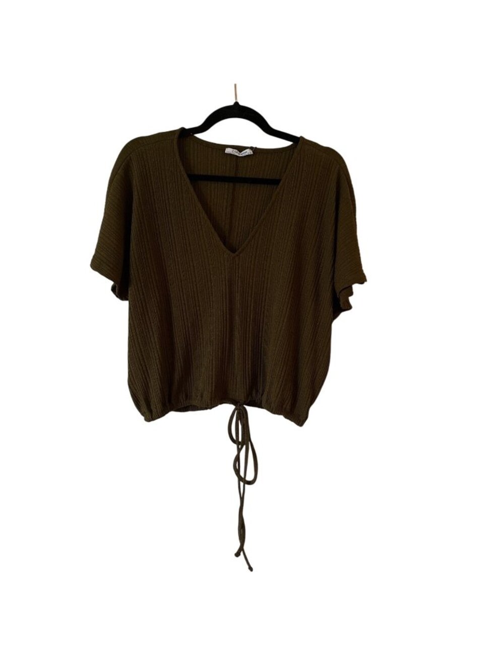 Zara Brown Ribbed Drawstring Short Sleeve V-Neck Top Womens Size L Made In Turke